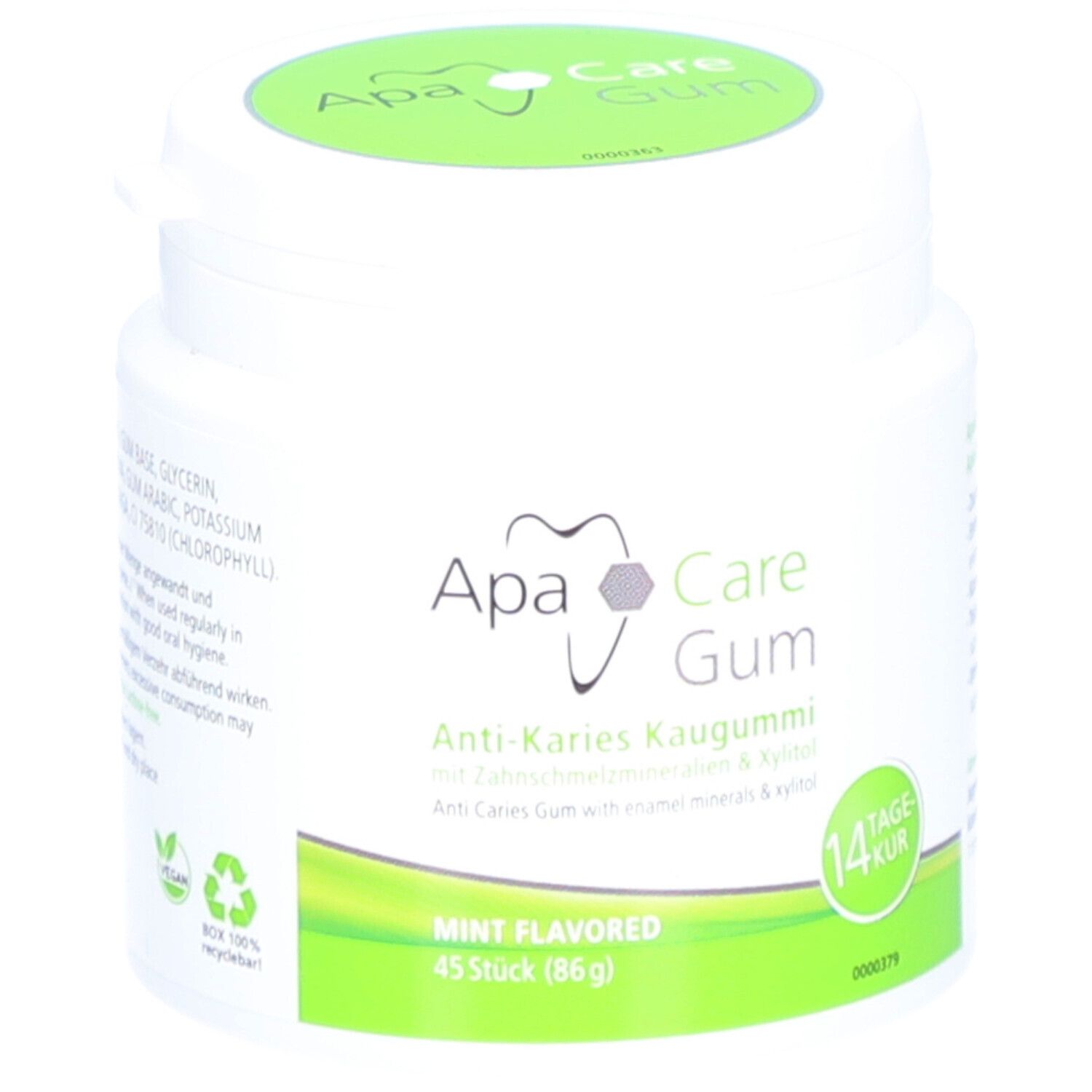 Boîte blanche, couvercle vert. Inscription: ApaCare Gum Anti-Karies Kaugummi. 45 pièces, goût menthe.