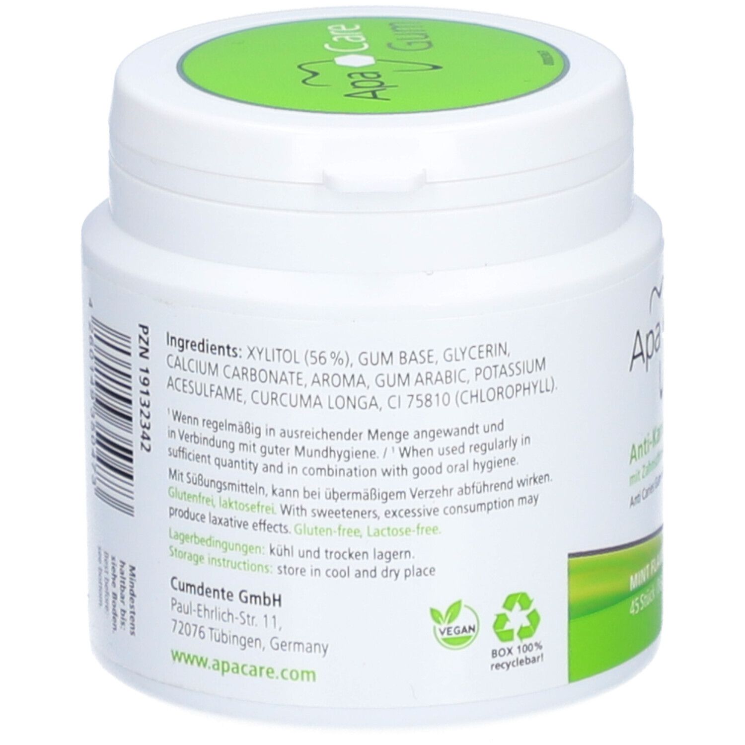 Dos du contenant blanc. Liste des ingrédients, conseils de stockage, label Vegan, boîte 100% recyclable. Adresse: Cumdente GmbH.