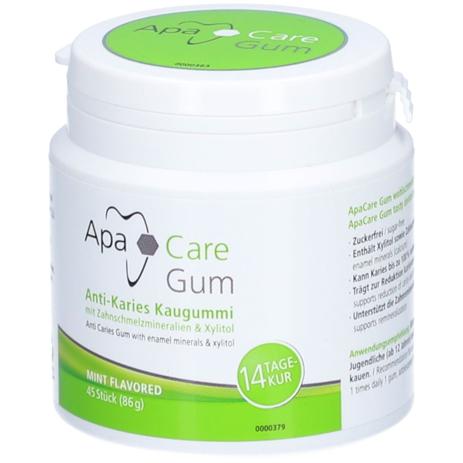 Boîte blanche, couvercle vert. Inscription: ApaCare Gum Anti-Karies Kaugummi. 45 pièces, goût menthe, cure 14 jours.