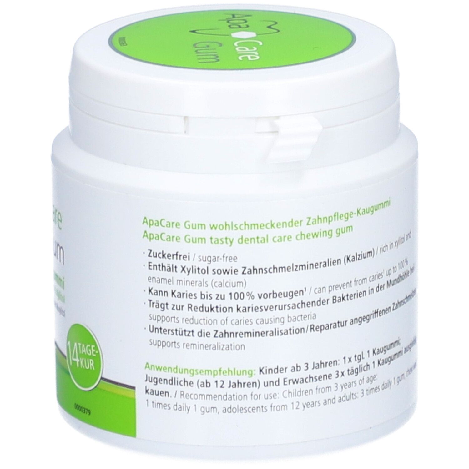 Dos du contenant blanc. Texte: ApaCare Gum, recommandation d'utilisation. Cure 14 jours. Label Vegan.