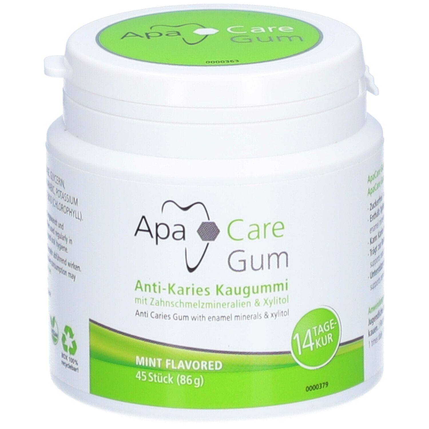 Boîte blanche, couvercle vert. Inscription: ApaCare Gum Anti-Karies Kaugummi. 45 pièces, goût menthe.