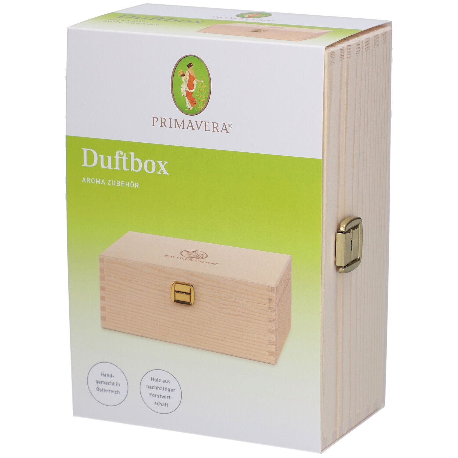 Emballage de la boîte à parfum. Inscription : PRIMAVERA, Duftbox, Aroma Zubehör. Boîte en bois avec fermoir doré.
