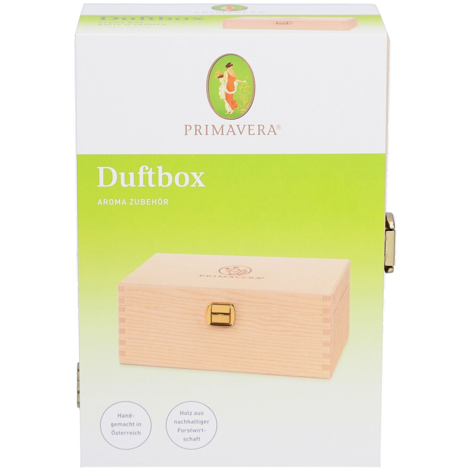 Emballage de la boîte à parfum. Inscription : PRIMAVERA, Duftbox, Aroma Zubehör. Boîte en bois avec fermoir doré.