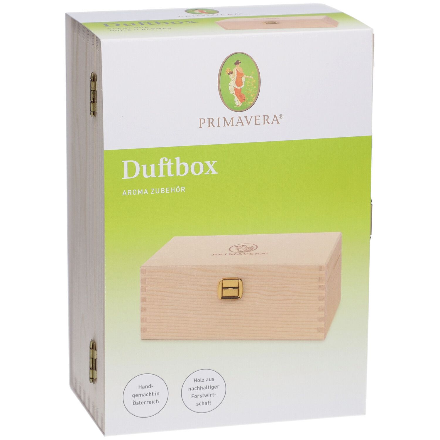 Emballage de la boîte à parfum. Inscription : PRIMAVERA, Duftbox, Aroma Zubehör. Boîte en bois avec fermoir doré.