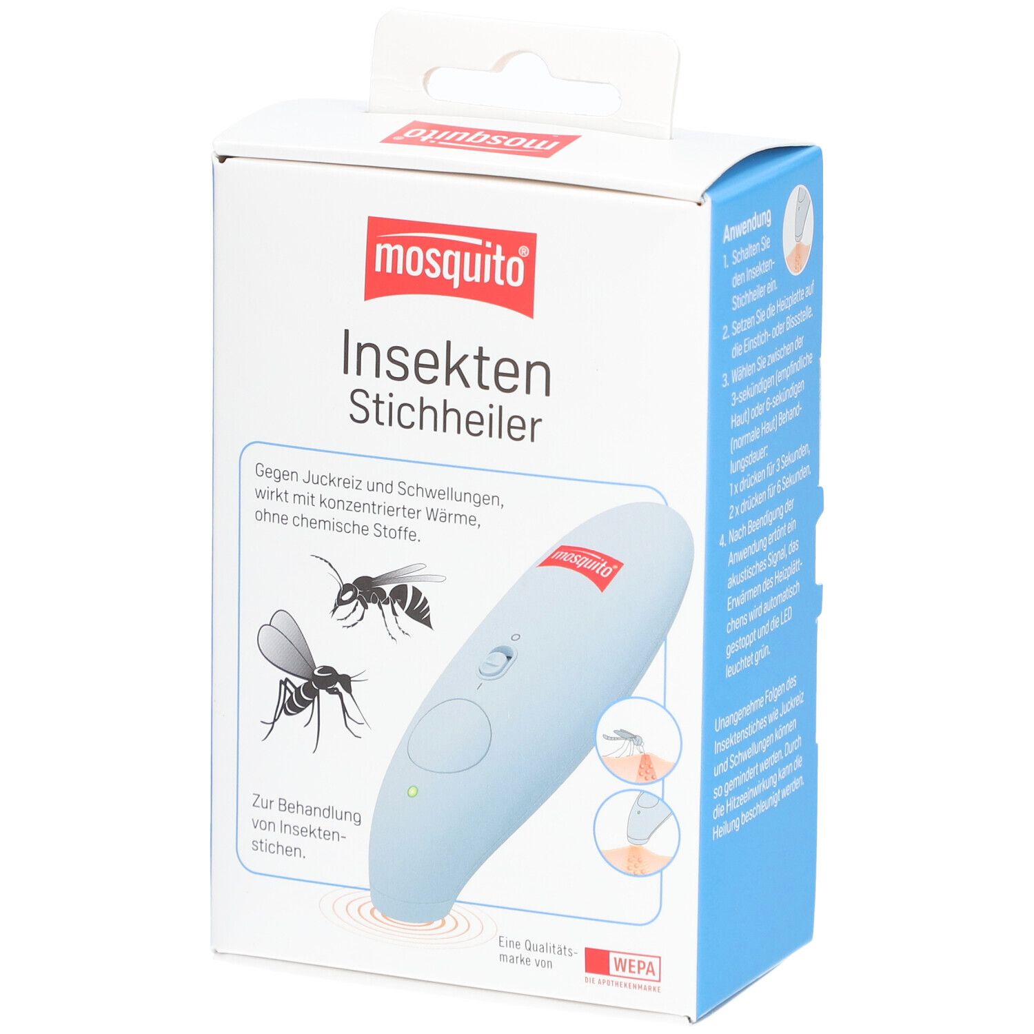 Appareil contre les piqûres d'insectes dans son emballage. Inscription: mosquito Insekten Stichheiler. Illustrations d'insectes et d'utilisation.