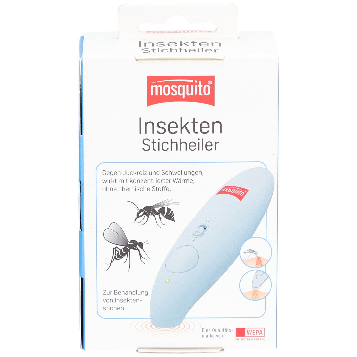Appareil contre les piqûres d'insectes dans son emballage. Inscription: mosquito Insekten Stichheiler. Illustrations d'insectes et d'utilisation.