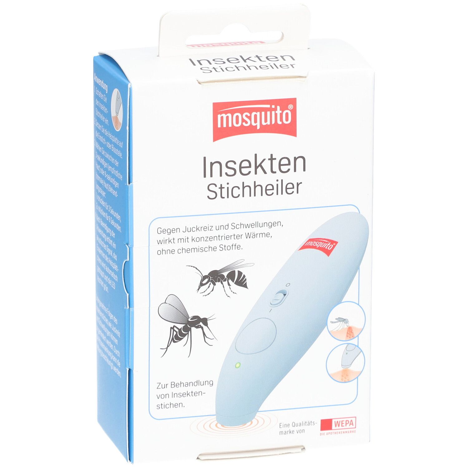 Appareil contre les piqûres d'insectes dans son emballage. Inscription: mosquito Insekten Stichheiler. Illustrations d'insectes et d'utilisation.