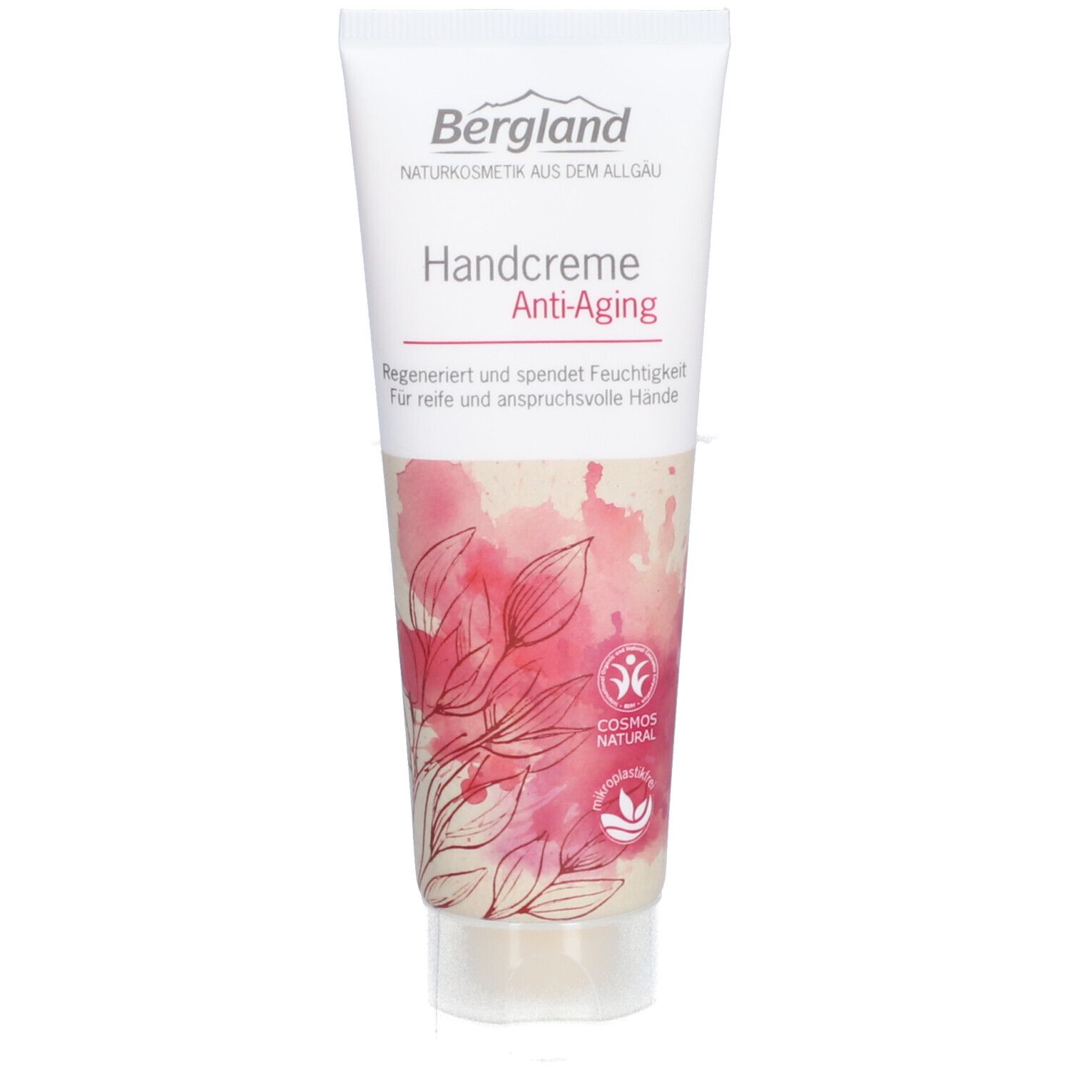 Tube de crème avec nom du produit et motif floral. Contient le label Cosmos Natural.