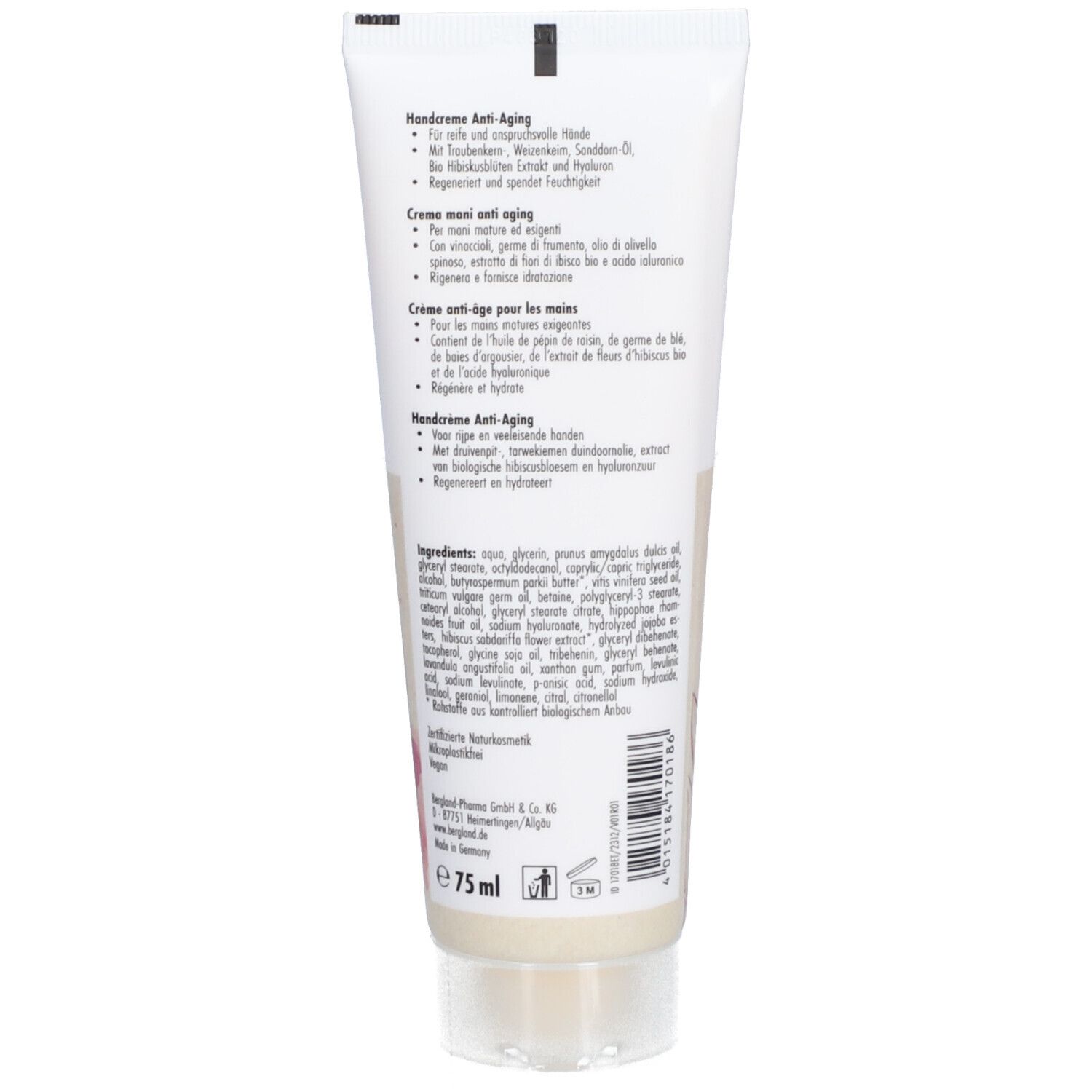 Dos du tube de crème avec informations sur le produit et ingrédients. Contient le sceau de 75 ml.
