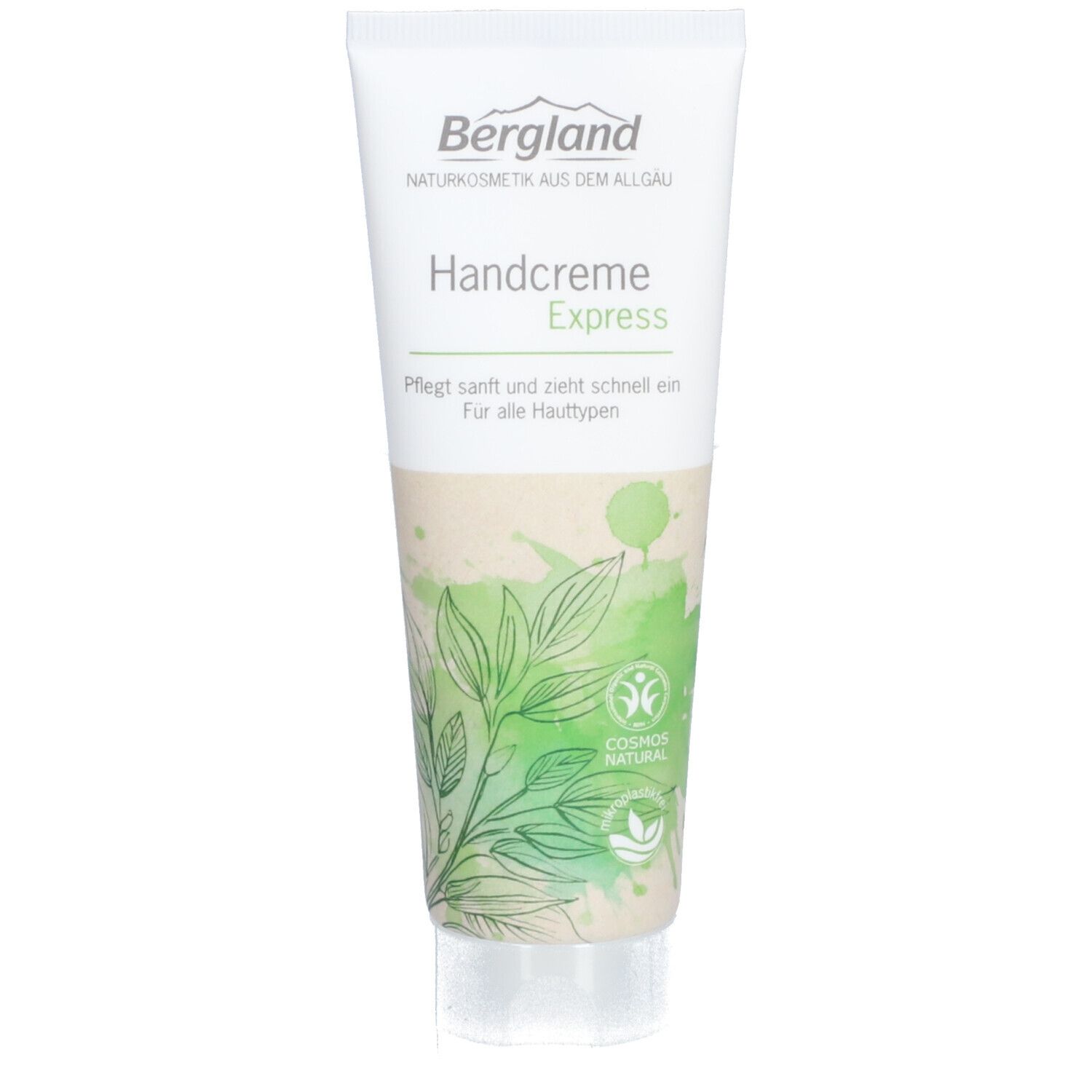 Tube de crème blanche et verte. Nom du produit "Handcreme Express". Illustration de feuilles. Logo de certification.