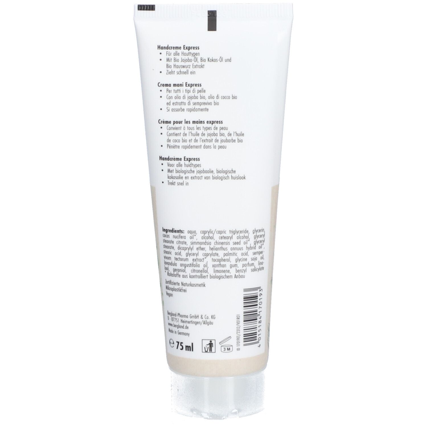 Dos du tube de crème. Texte en allemand, français et italien. Ingrédients et informations fabricant. Volume : 75 ml.