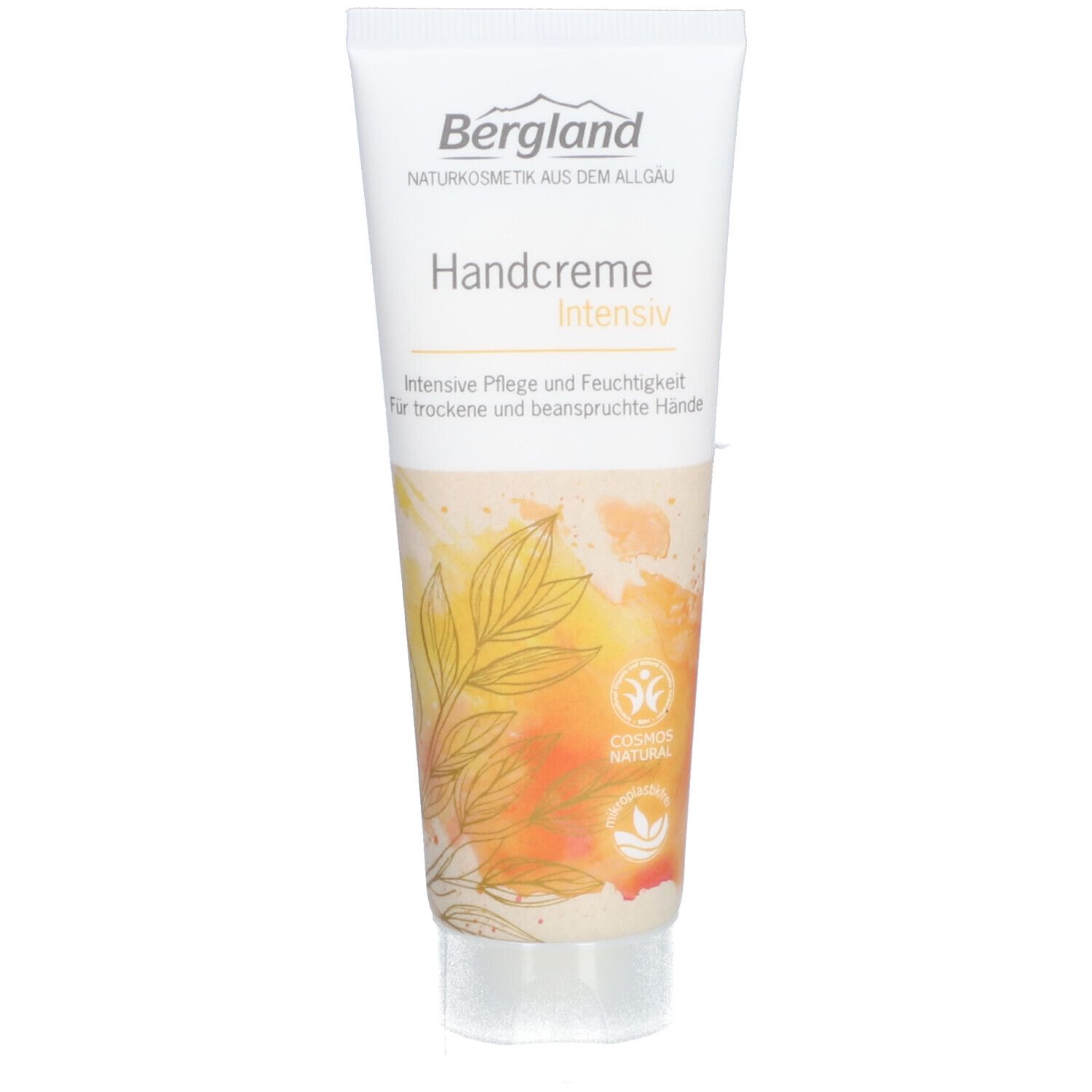Tube de crème pour les mains Intensive, Bergland. Blanc, texte, motif de feuilles. Label cosmétique naturelle.