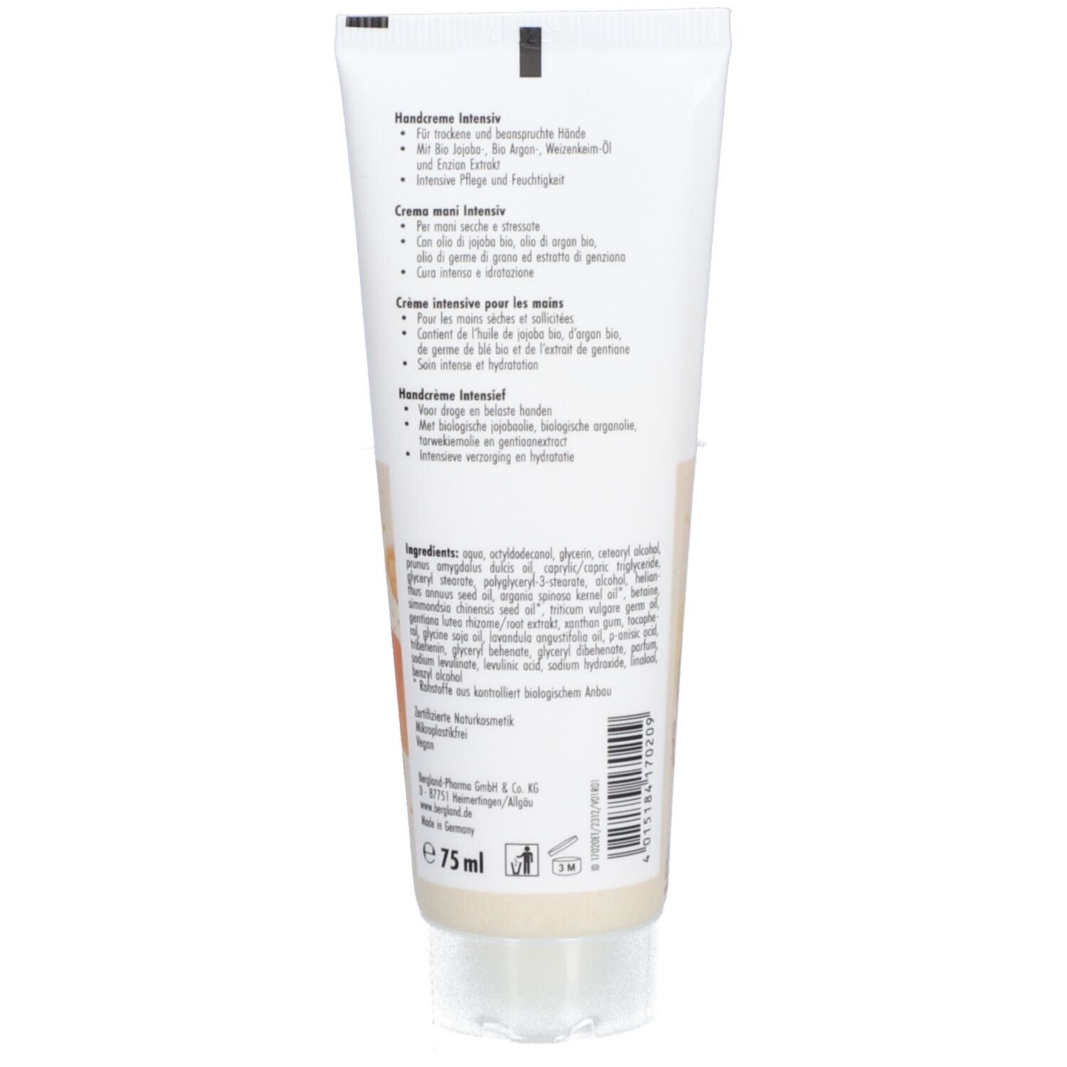 Dos du tube de crème pour les mains Intensive, Bergland. Texte, ingrédients, 75 ml. Bouchon de tube blanc.