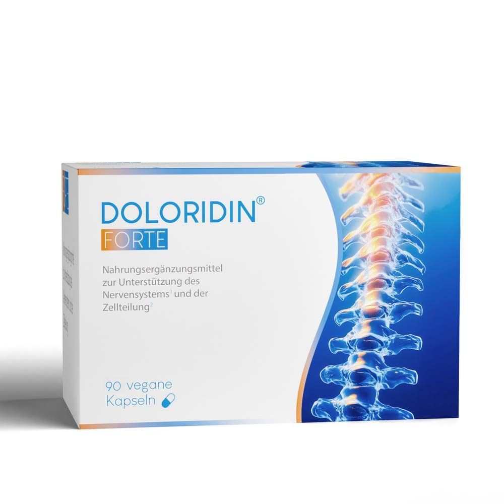 Boîte de Doloridin Forte. Texte : Complément alimentaire pour soutenir le système nerveux. 90 gélules végétales.