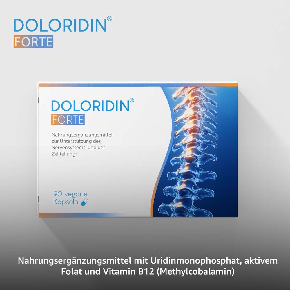 Boîte de Doloridin Forte. Texte : Complément alimentaire pour soutenir le système nerveux. 90 gélules végétales.