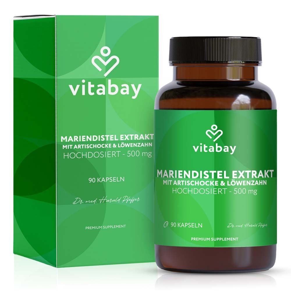 Boîte et carton Vitabay Mariendistel Komplex. 90 gélules, 500 mg.