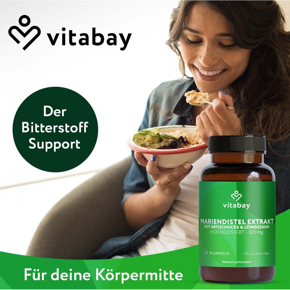 Femme mangeant du muesli à côté d'une boîte Vitabay Mariendistel Komplex. "Soutien amer".