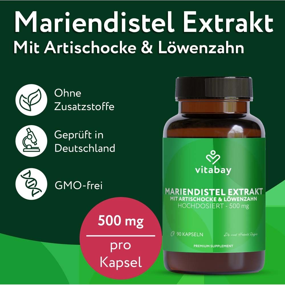 Boîte Vitabay Mariendistel Komplex. 500 mg par gélule. Sans additifs, testé en Allemagne, sans OGM.