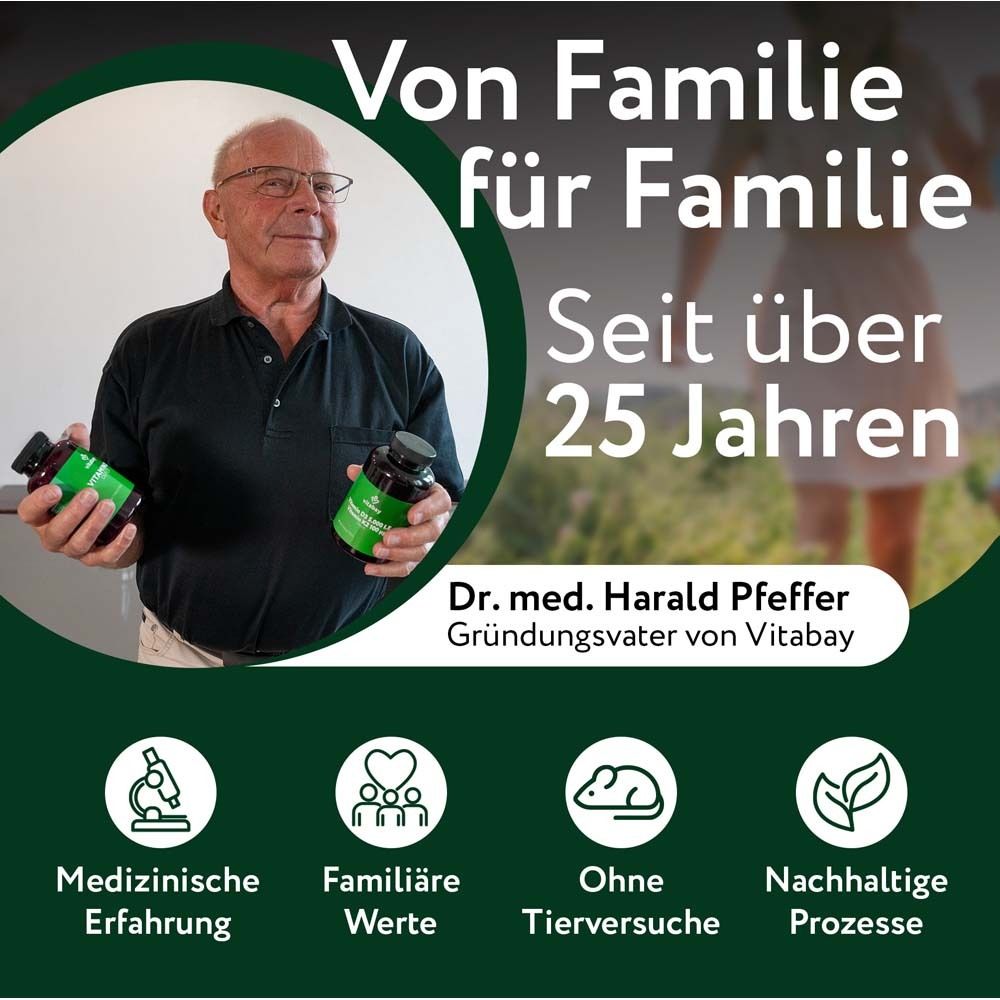 Dr. Harald Pfeffer tenant des boîtes Vitabay Mariendistel Komplex. "De famille en famille".