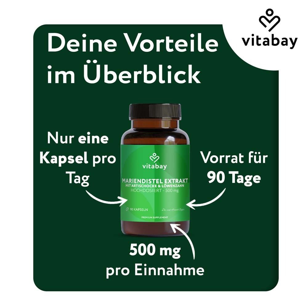 Boîte Vitabay Mariendistel Komplex. "Une seule gélule par jour". Approvisionnement de 90 jours.