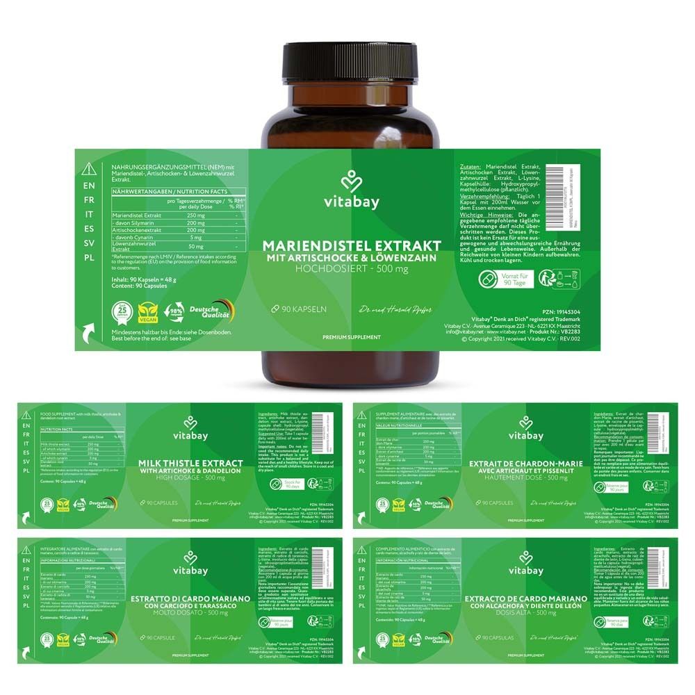 Flacon de gélules. Texte : Extrait de chardon-marie, 90 gélules, 500 mg. Étiquettes multilingues.