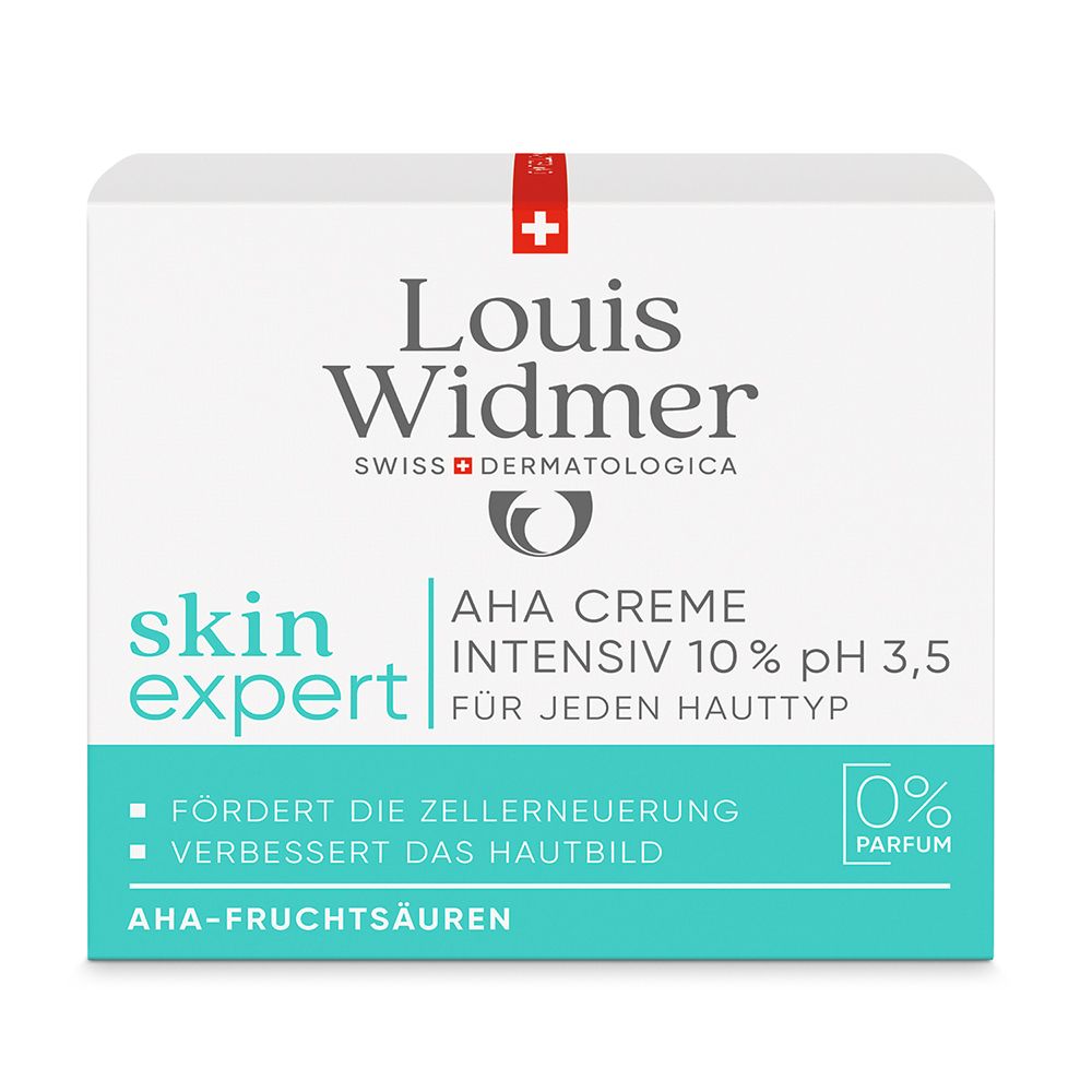 Louis Widmer skin expert Crème AHA Intensive 10% pH 3,5. Pour tout type de peau. 0% Parfum.