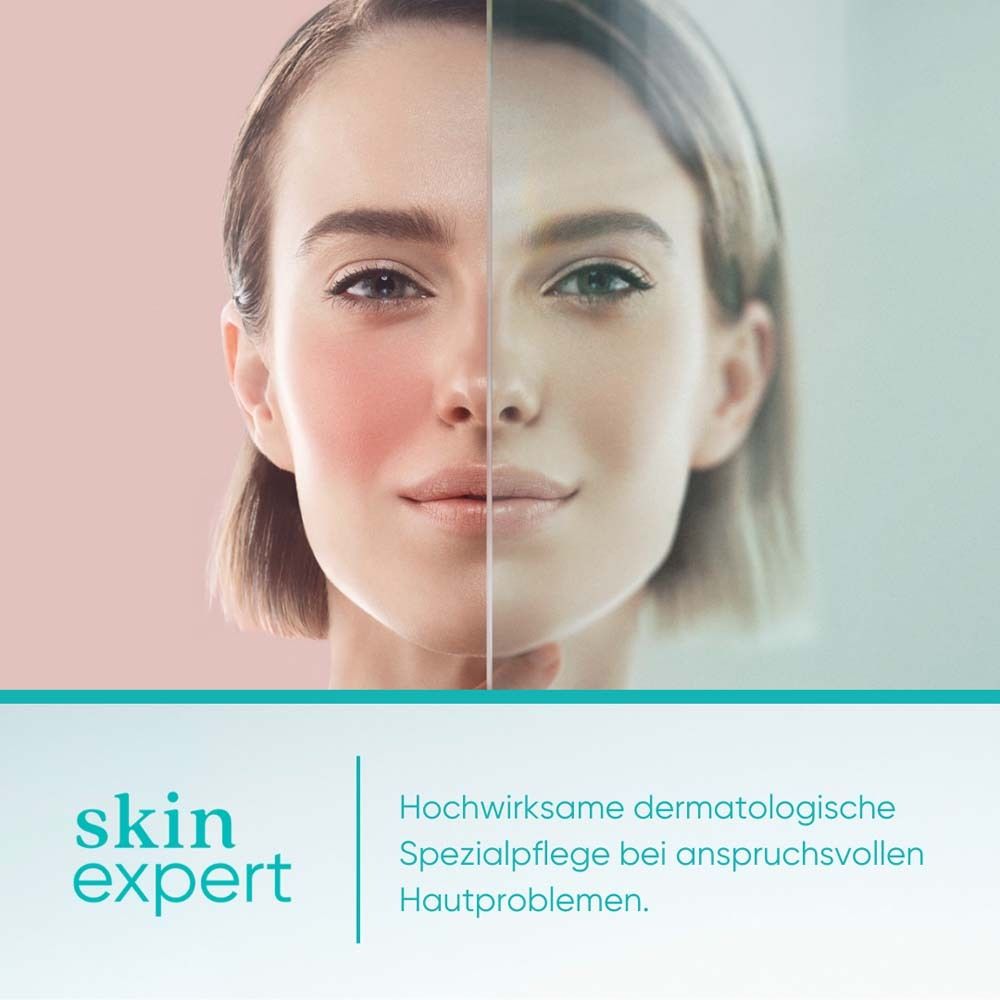 Visage divisé, moitié rouge, moitié normal. Texte: skin expert, soin dermatologique spécialisé.
