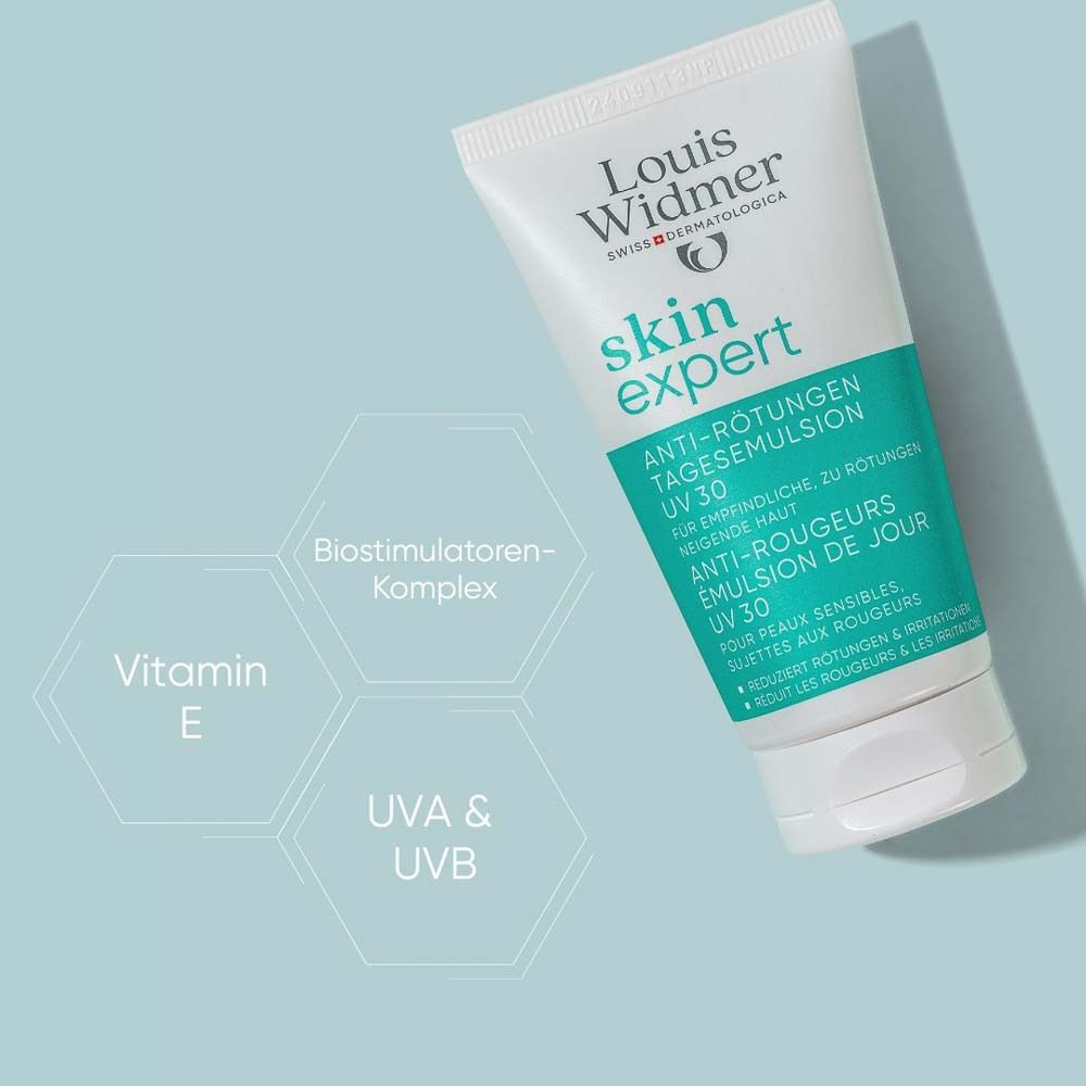 Tube skin expert Anti-Rougeurs Émulsion de Jour UV 30. Texte: Vitamine E, UVA & UVB, Complexe.