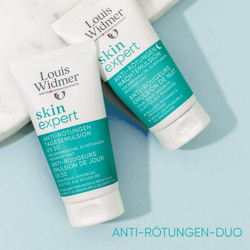 Deux tubes skin expert Anti-Rougeurs Émulsion Jour et Nuit. Texte: Duo Anti-Rougeurs.