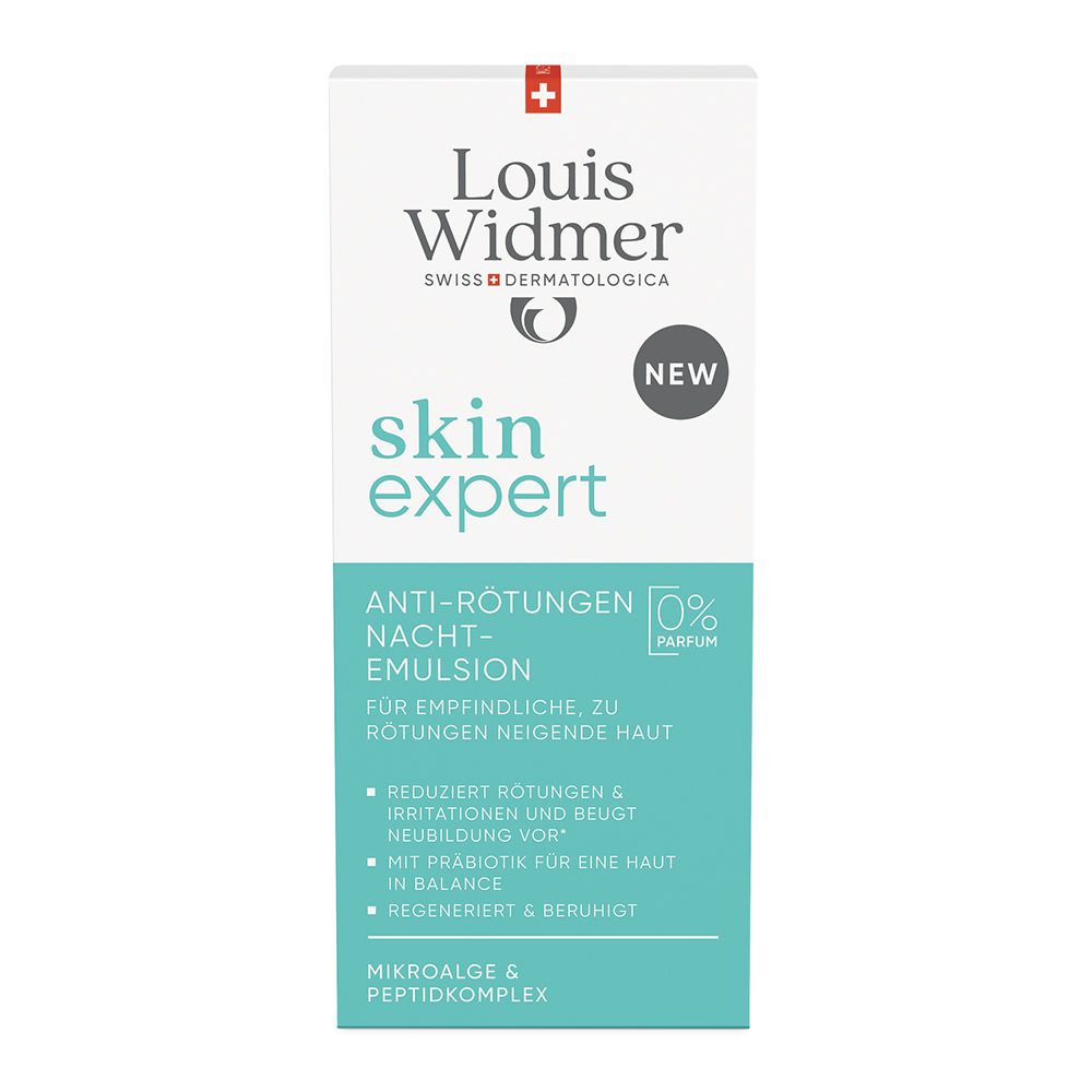 Boîte Louis Widmer skin expert Anti-Rougeurs Émulsion de Nuit avec autocollant 'Nouveau'