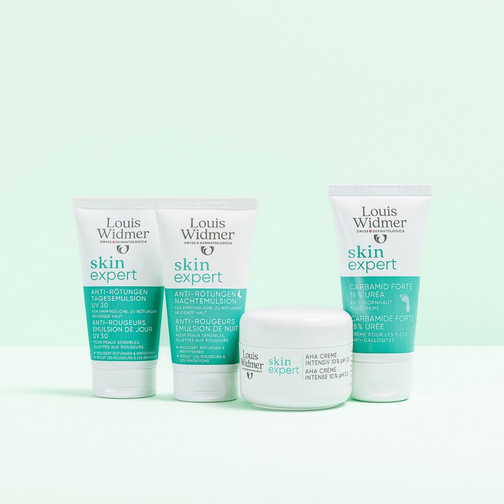 Quatre produits Louis Widmer skin expert, dont une émulsion de nuit
