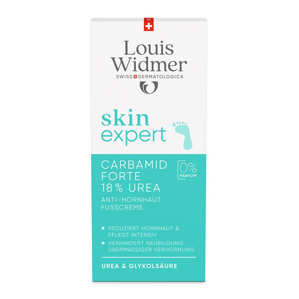 Crème pieds Louis Widmer Skin Expert 18% Urée, 0% Parfum, boîte.