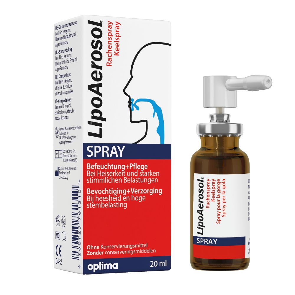 LipoAerosol® Spray pour la gorge avec vaporisateur et emballage. Contient 20 ml. Hydratation et soin optimaux.