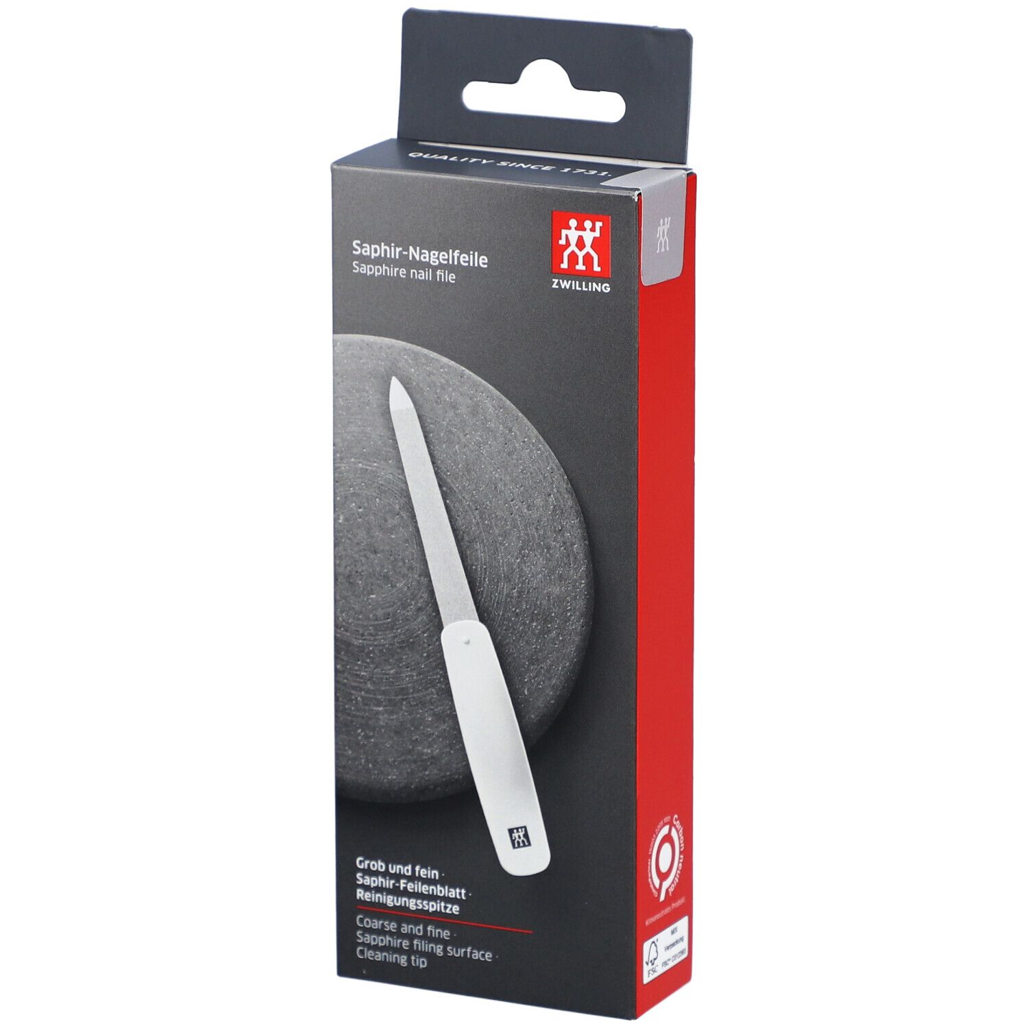 Lime à ongles dans son emballage. Logo ZWILLING. Grossier et fin. Pointe de nettoyage.