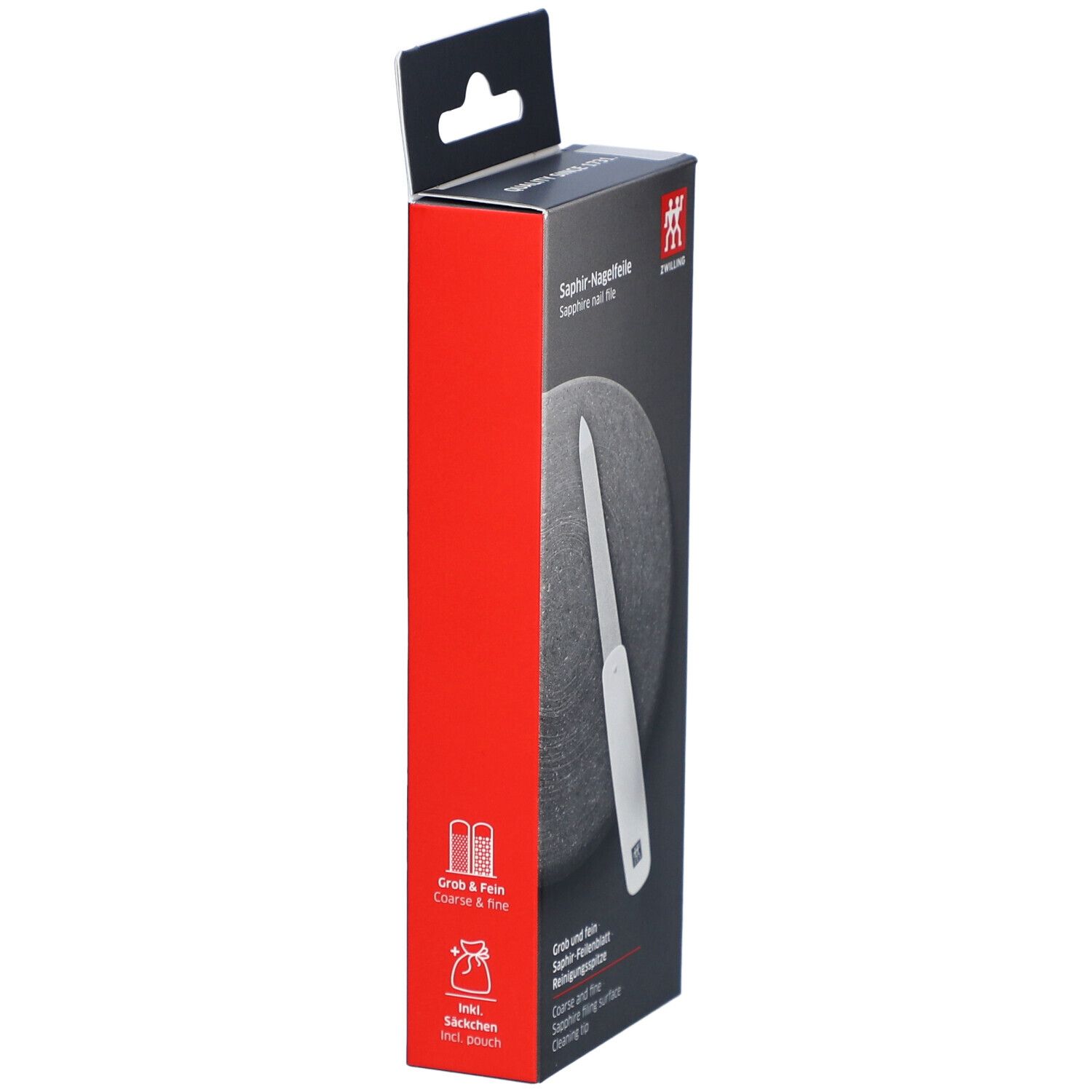 Emballage de la lime à ongles. Logo ZWILLING. Grossier & fin. Pointe de nettoyage.
