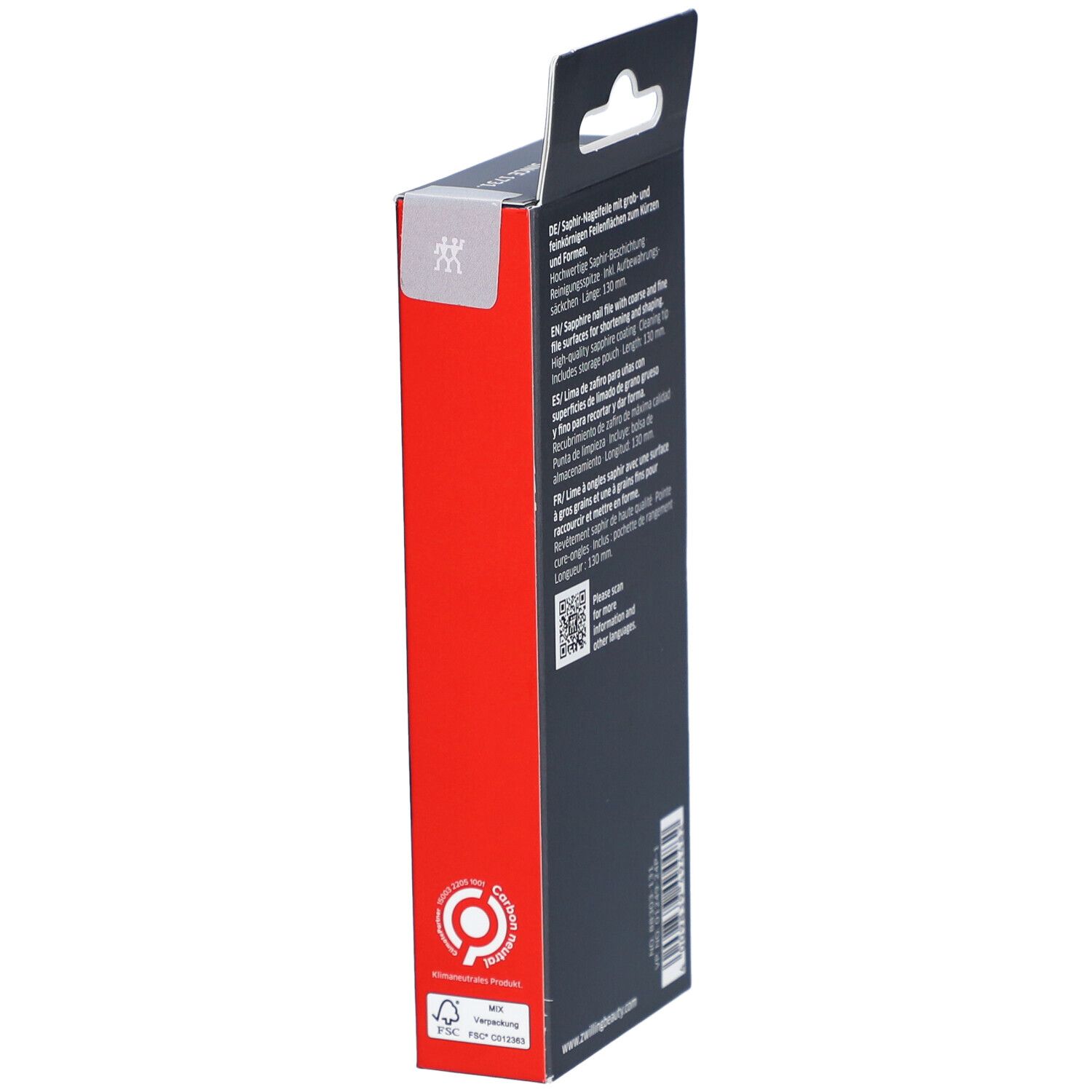 Vue latérale de l'emballage. Logo ZWILLING. Texte. Symbole de recyclage.
