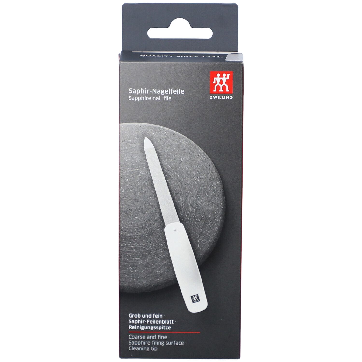 Lime à ongles dans son emballage. Logo ZWILLING. Grossier et fin. Pointe de nettoyage.