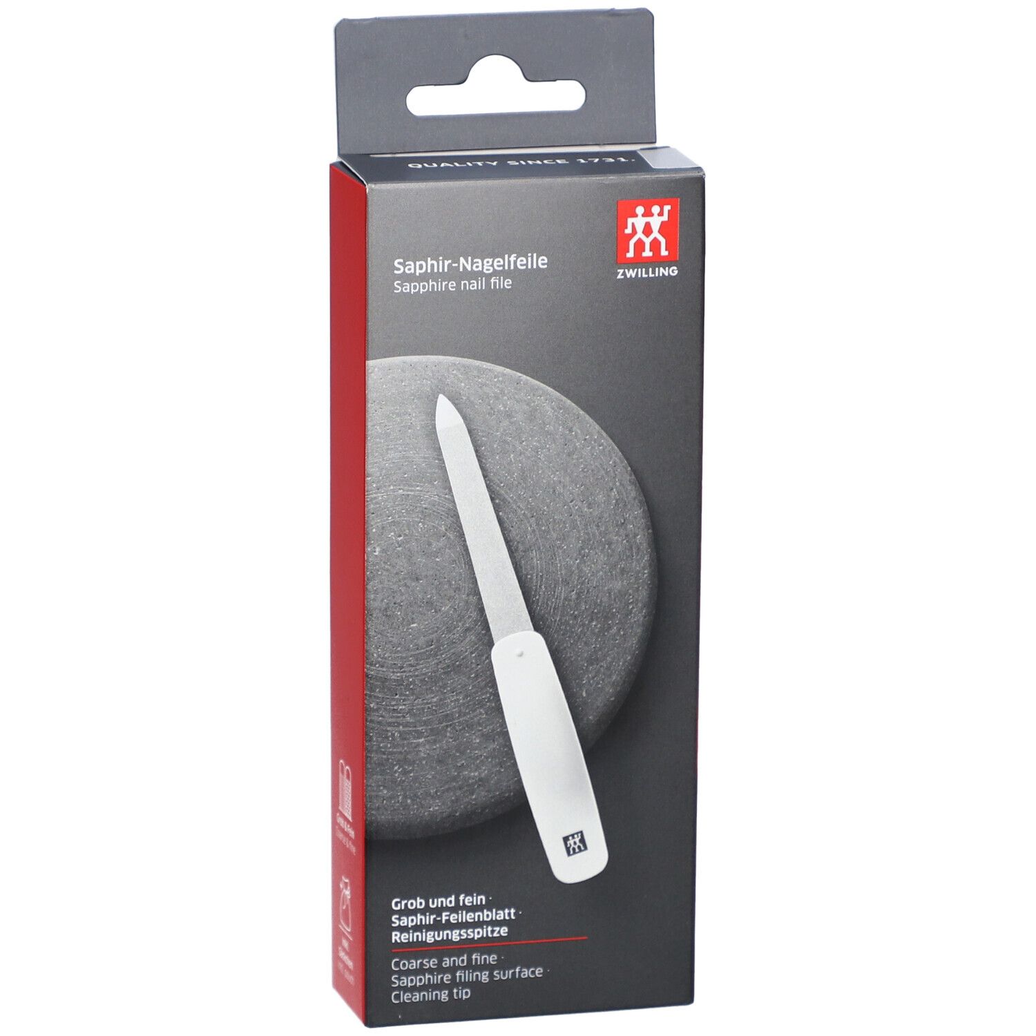 Lime à ongles dans son emballage. Logo ZWILLING. Grossier et fin. Pointe de nettoyage.