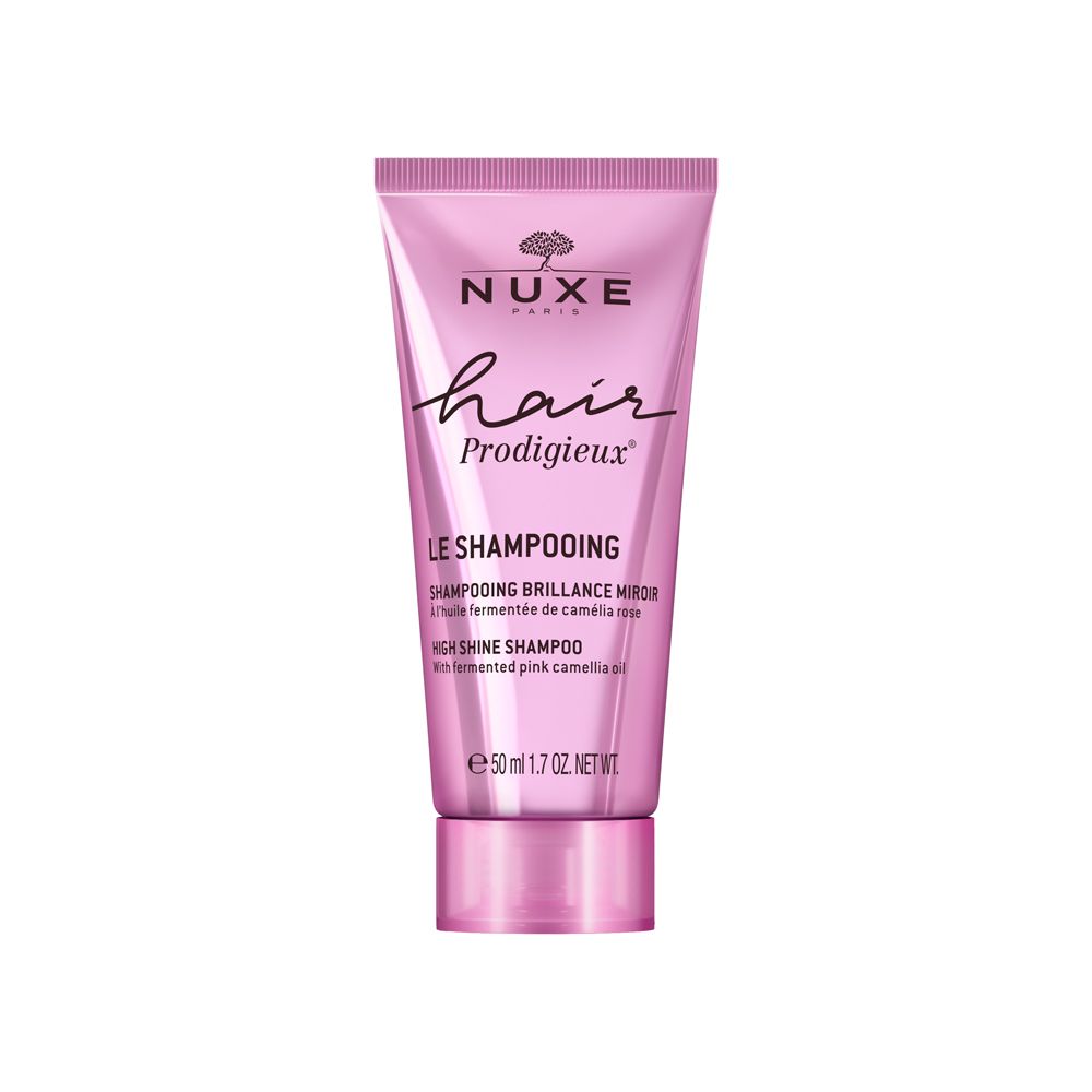 Tube rose NUXE Hair Prodigieux Shampoo. Inscription et nom du produit. 50ml.