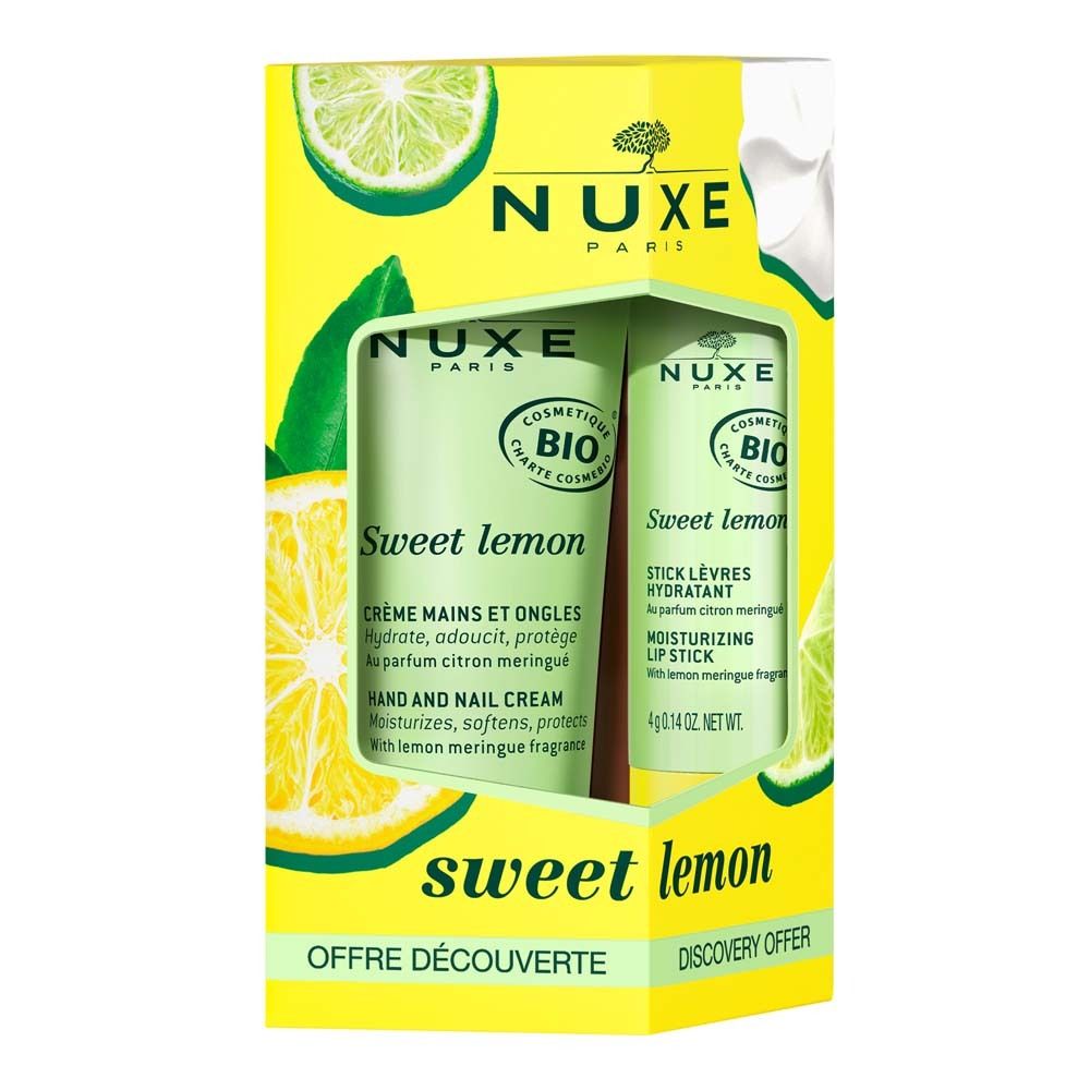 Coffret cadeau avec crème pour les mains et rouge à lèvres. Emballage jaune avec motifs de citron. Logo Nuxe et texte "Sweet lemon".
