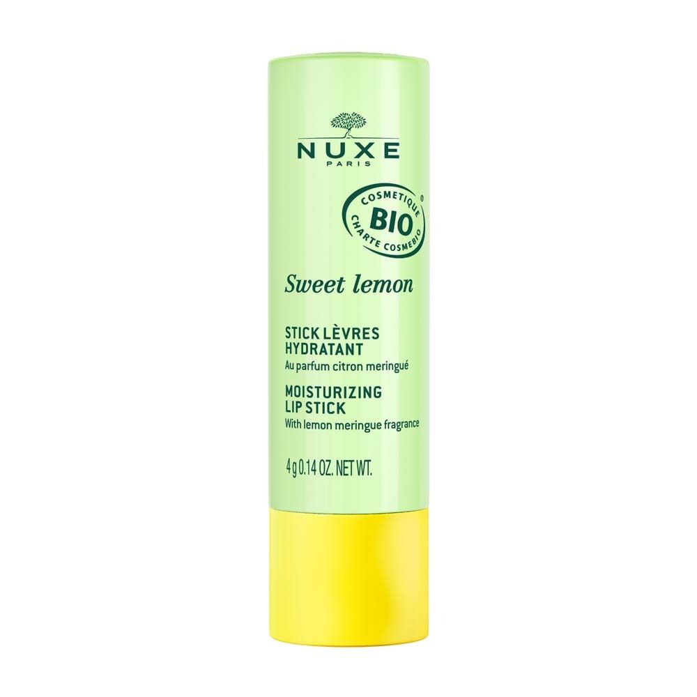 Rouge à lèvres vert avec base jaune. Inscription "Sweet lemon" et "Nuxe". Certification bio.