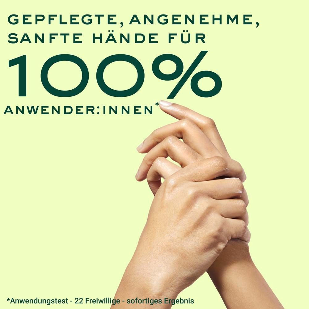 Mains avec crème pour les mains. Texte : "Mains soignées, agréables, douces pour 100% des utilisateurs".