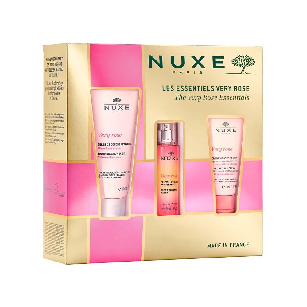 Coffret cadeau NUXE avec gel douche, eau de toilette et crème. Boîte rose et dorée.