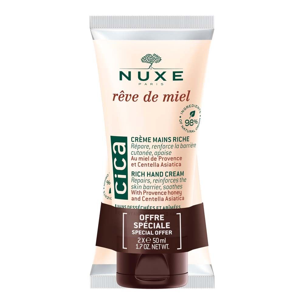 Tube de crème Nuxe Rêve de Miel Cica. Crème Mains Riche, Rich Hand Cream. 2x50ml. Ingrédients naturels à 98%. Offre spéciale.