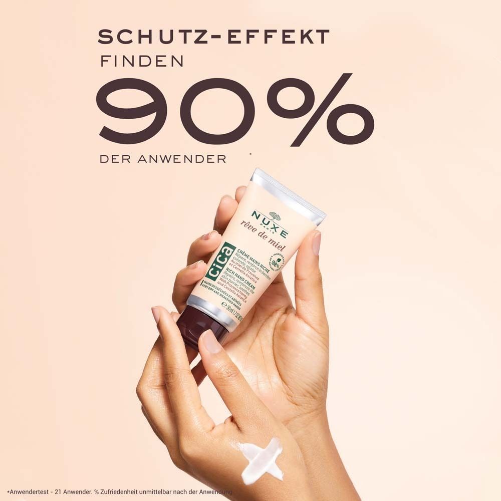 Main tenant un tube de crème Nuxe Rêve de Miel Cica. Texte: 90% des utilisateurs. Crème appliquée sur la main. Fond rose clair.