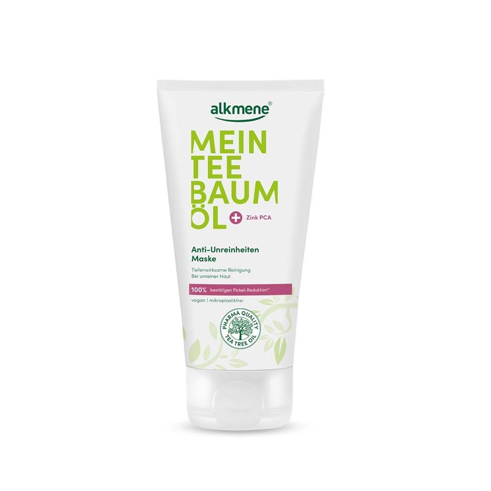 Tube blanche avec impression verte et rose. Texte : alkmene, Mein Teebaumöl, Anti-Unreinheiten Maske. Sceau Pharma Quality.
