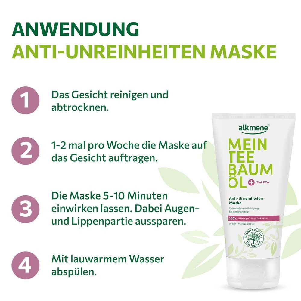 Étapes d'application du masque anti-imperfections. 1. Nettoyer le visage. 2. Appliquer le masque. 3. Laisser agir. 4. Rincer. À côté, tube.