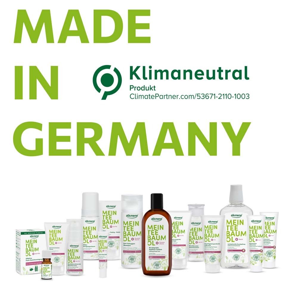 Texte : Fabriqué en Allemagne. Produit neutre en carbone. Différents produits alkmene® sur fond blanc.