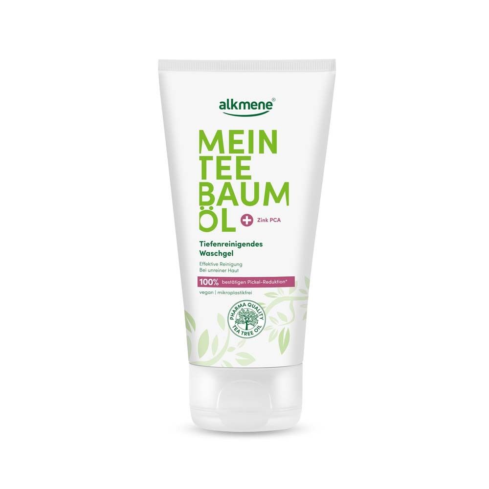 Tube de gel lavant blanc avec impression verte. Texte: Mein Teebaumöl, Tiefenreinigendes Waschgel. Qualité pharmaceutique.