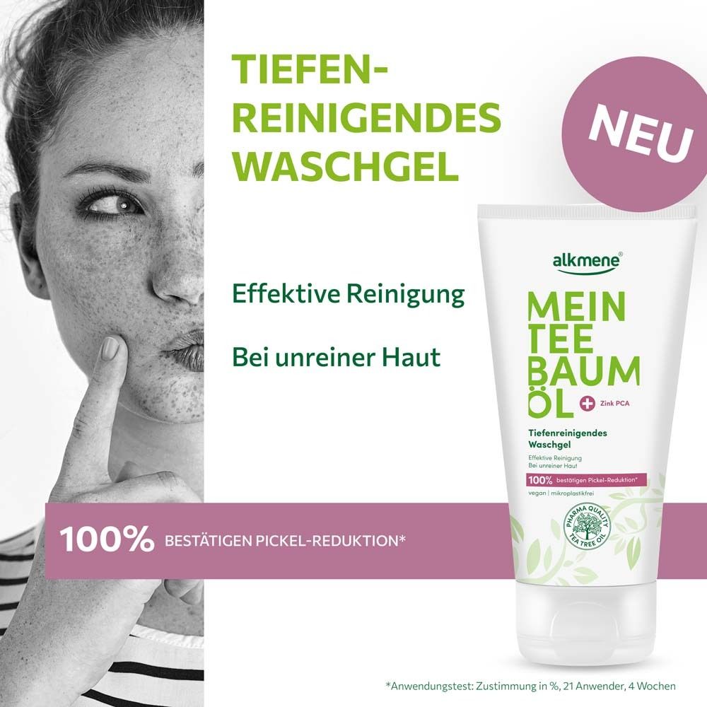 Publicité avec femme et tube de gel lavant. Texte: Tiefenreinigendes Waschgel, Nettoyage efficace, Pour peau impure. 100% Réduction des boutons.